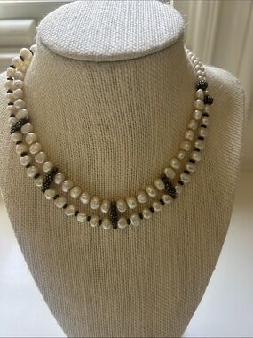 Pearl and Hematite Bead Double Strand Necklace - White cultured pearls choker
